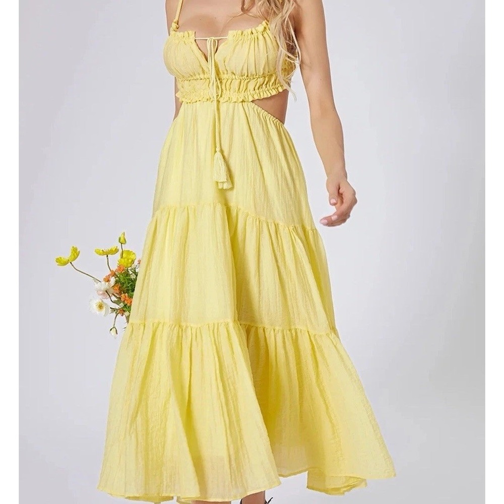 Yellow Tiered Maxi Dress Sz Small Cotton Coquette Cottagecore Festival Fairy
